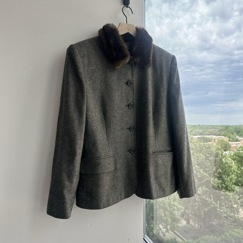 Lauren Ralph Lauren Gray Wool Faux Fur Collar Button Jacket Pockets Lined 12